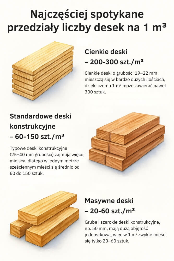 1m3 desek ile to sztuk - najpopularniejsze zakresy liczby desek 