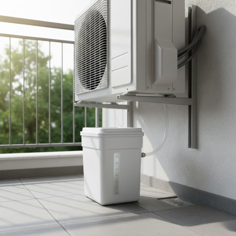 pojemnik na skropliny z klimatyzacji ustawiony na balkonie