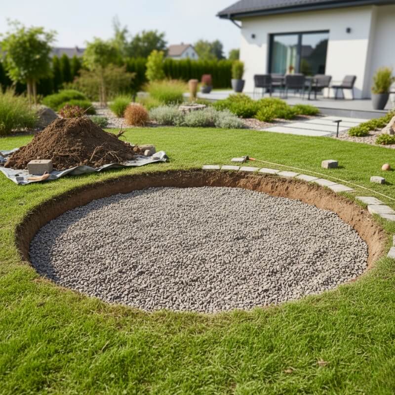 wkop i przygotowanie podłoża pod ognisko z kamieni w ogrodzie