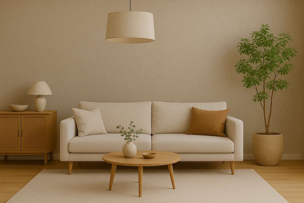 ściana z brokatem w salonie z jasnymi meblami ściana z brokatem w jasnym salonie japandi