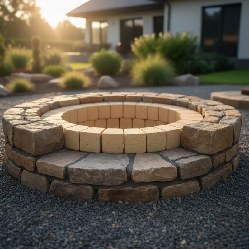 dwuwarstwowe ognisko w ogrodzie z kamieni