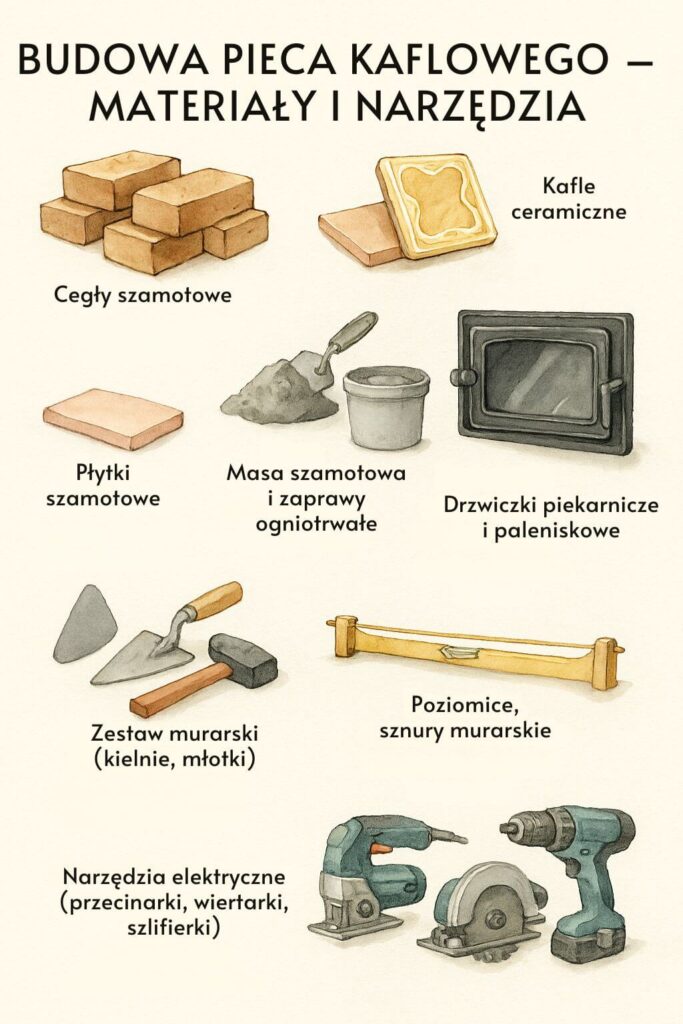 Budowa pieca kaflowego - narzędzia i materiały Materiały i narzędzia niezbędne do budowy pieca kaflowego